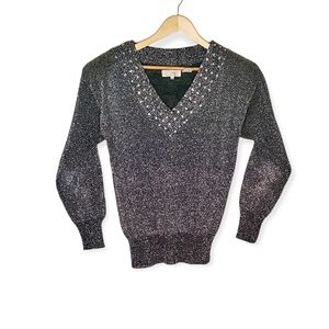 Silver Shine Metallic 80s Sweater with Sequined-Lined V-Neck